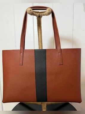 Vince Camuto Luck Tote Brown Vegan Leather Large Work Bag Black Stripe